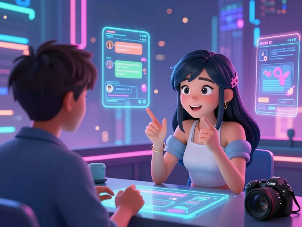 Engaging scene of a female AI character in hentai AI chat against a colorful cyber city backdrop.