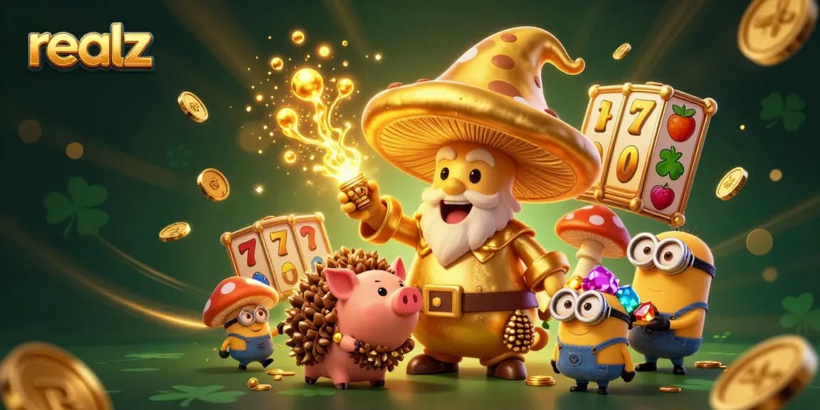 Experience realz in a magical casino world with vibrant treasure-hunting characters and dazzling slot reels.