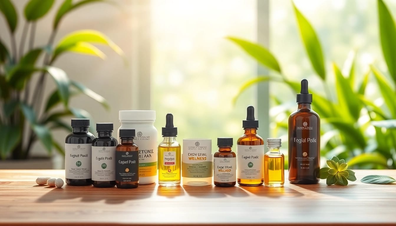 Hilma biocare Produkte auf einem stilvollen Holztablett im Spa-Umfeld.