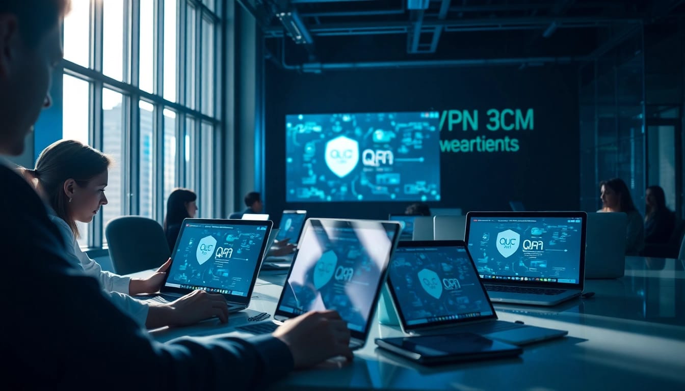 展示 QuickQ官网 VPN 在数字设备上的安全专业工作区，保障在线隐私。