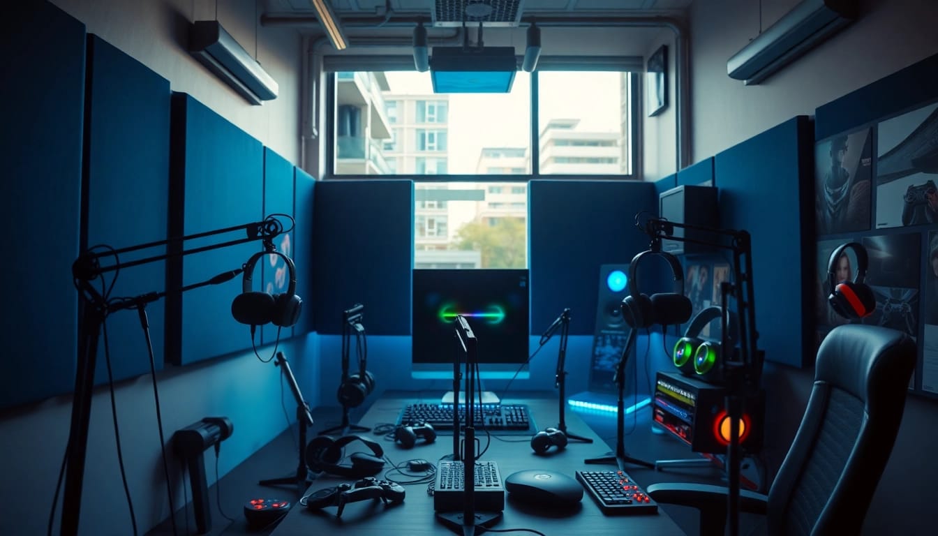 Gaming Podcast recording setup with microphones and headphones in a modern studio.