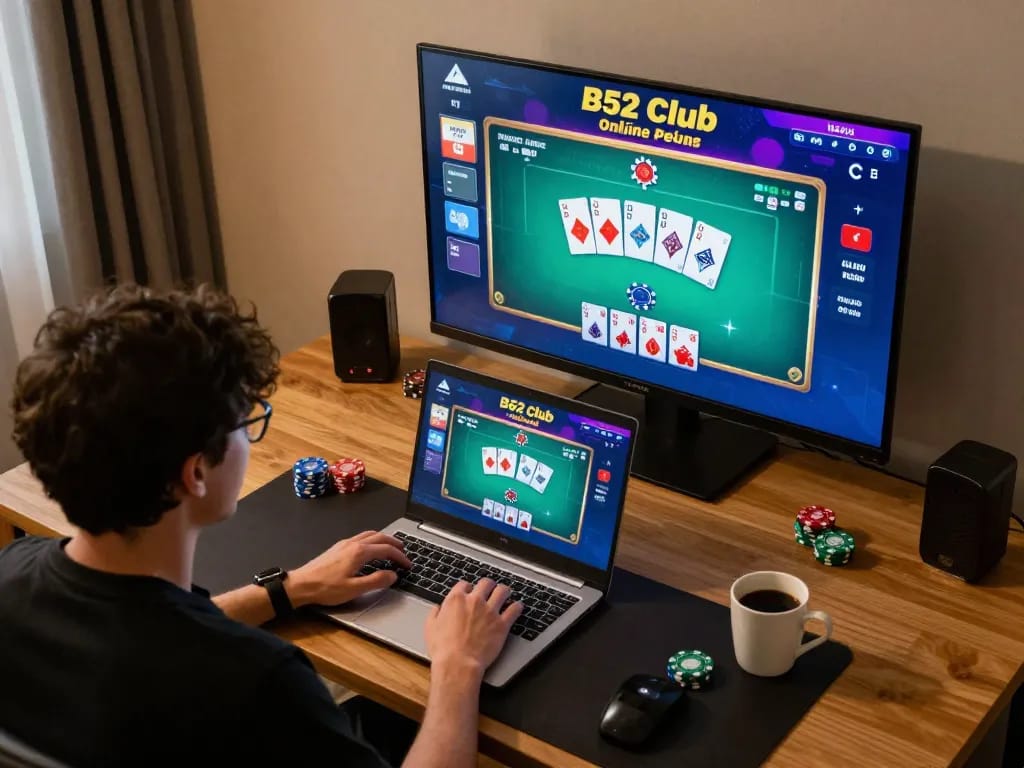 Người chơi CLB B52 tham gia trò chơi poker trực tuyến tại nhà, thể hiện lối chơi chiến lược.
