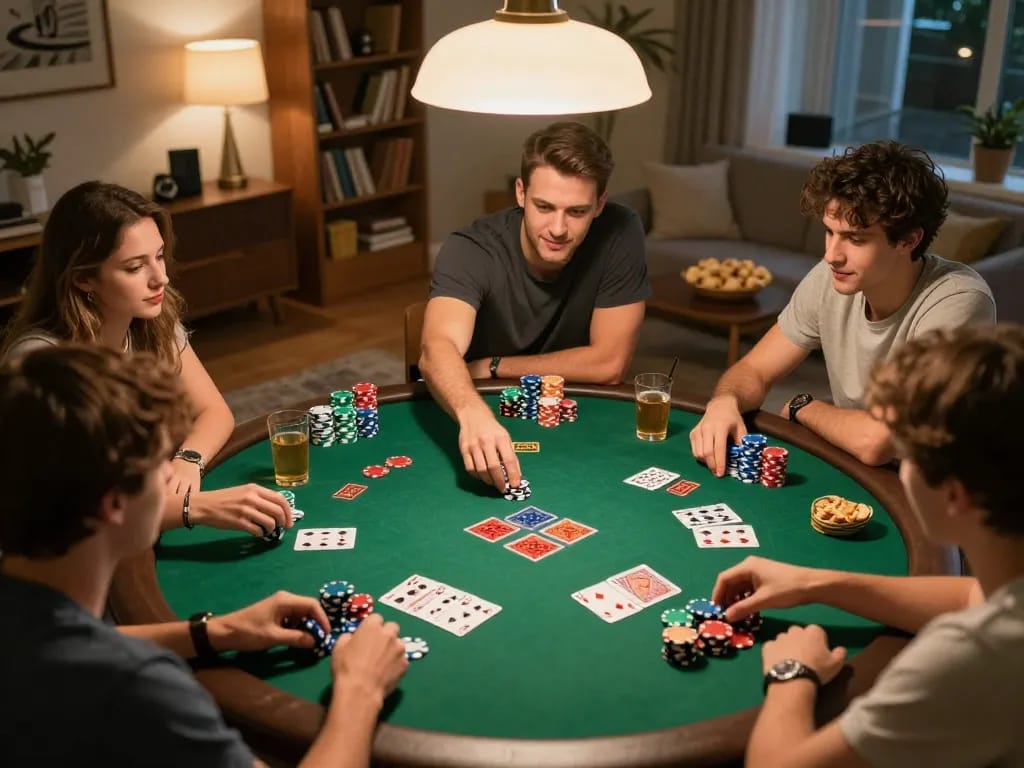 Players enjoying poker night at home, showcasing strategy and camaraderie with XOCDIA88 experience.