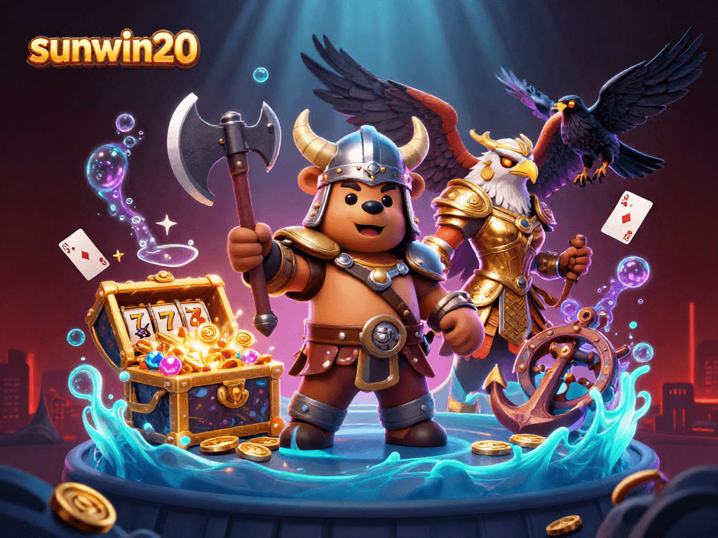 Experience the excitement of sunwin20 in a vibrant cartoon scene filled with treasure, slot reels, and mystical characters.