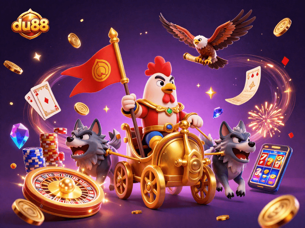 Experience the thrill of du88 with a 3D casino-themed illustration featuring dynamic gaming elements.