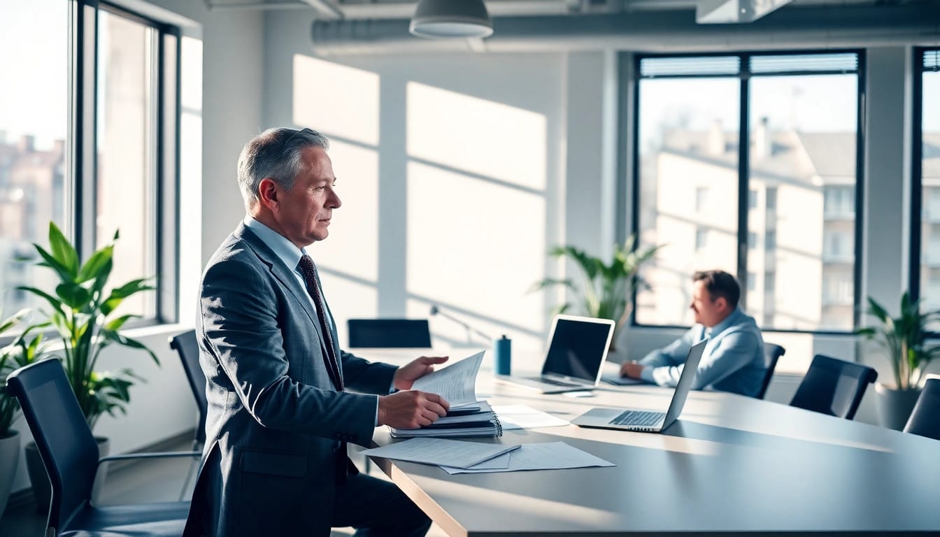 Ein Personalberater Vertrieb diskutiert Strategien mit einem Klienten in einem modernen Büro.