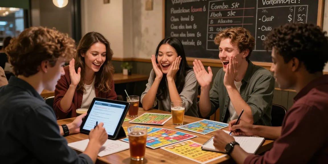 Quiz Allgemeinwissen: Gruppe von Freunden bei einem spannenden Quizabend in einem gemütlichen Café.