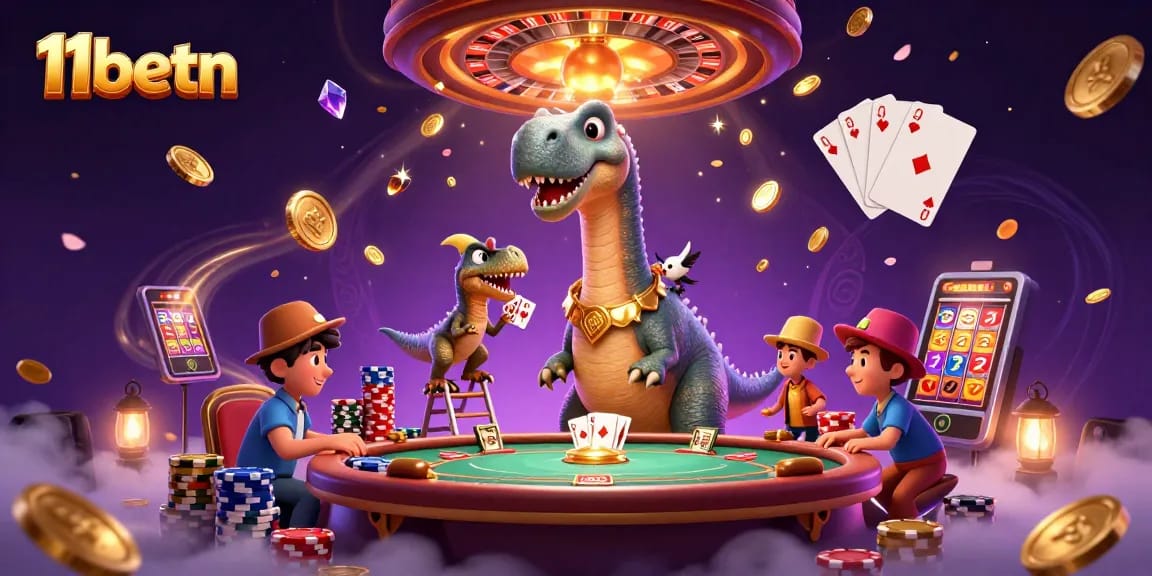 Engage with thrilling experiences at 11betn, where a giant brontosaurus presides over an exciting casino scene.