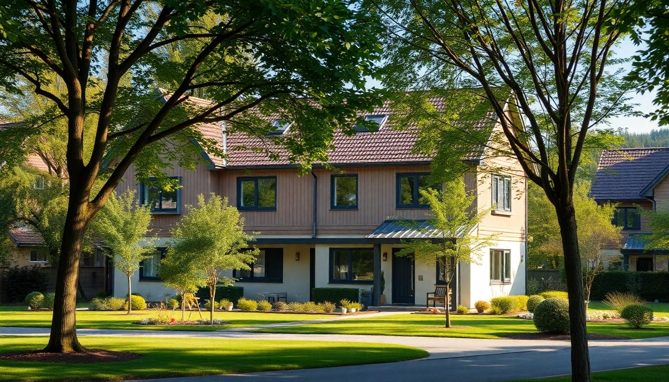 Visualisieren Sie den Traum vom Hauskauf durch ein modernes Einfamilienhaus in einer malerischen Vorstadt, umgeben von Natur.