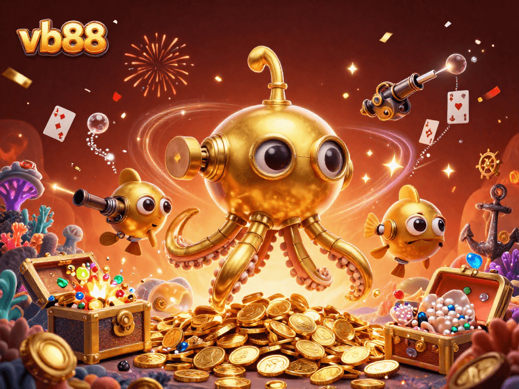 Experience thrills at vb88 with a golden kraken submarine and vibrant casino elements.