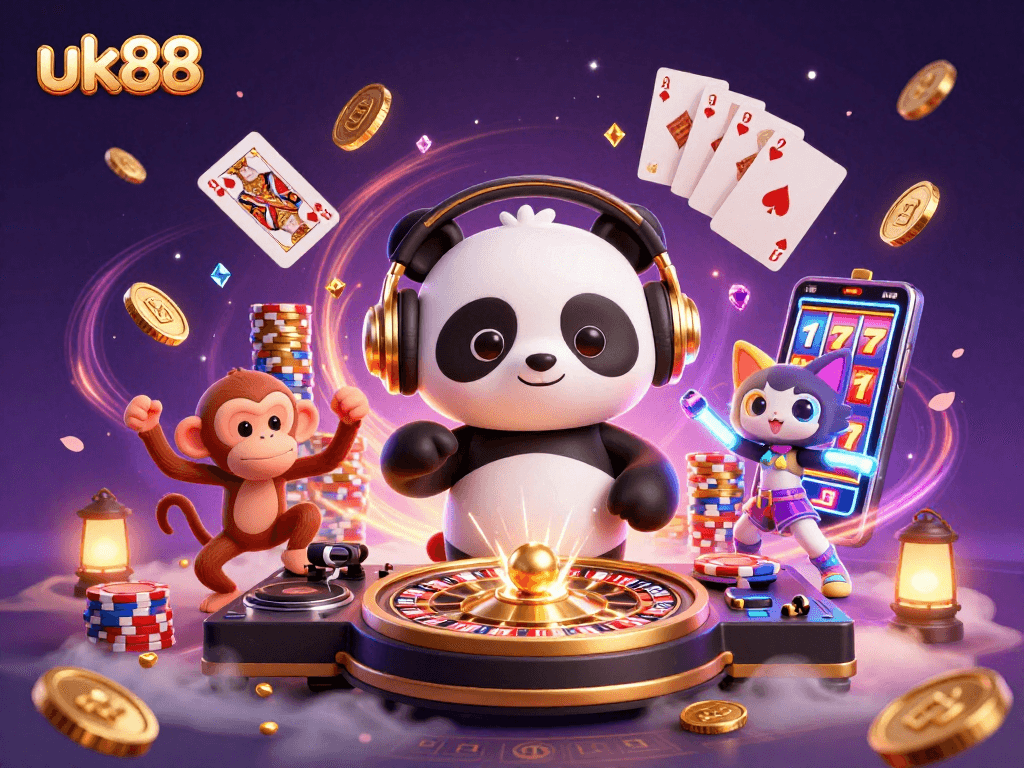 Experience the vibrant energy of uk88 with a DJ panda, dancing monkey, and rave kitten in a casino scene.