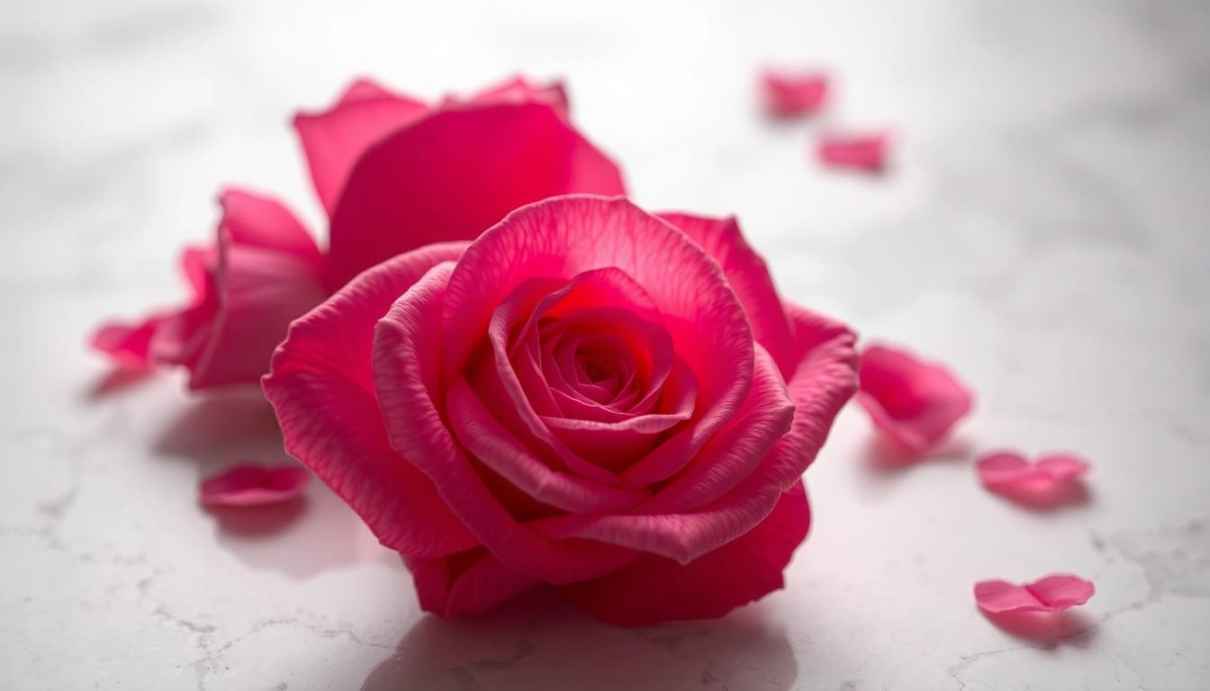 Rosenquarz Bedeutung: Ein Herz aus Rosenquarz auf Marmor, das die spirituelle Energie und romantische Ausstrahlung zeigt.