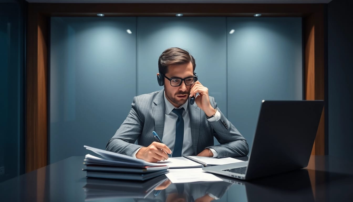 Headhunter führt ein intensives Telefonat bei der Arbeit am Schreibtisch.
