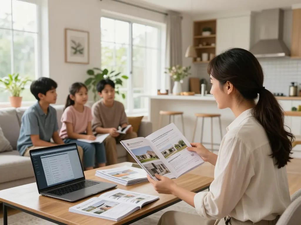 Immobilienmakler Frankfurt Preungesheim unterstützt Hauskäufer in einem stilvollen Wohnzimmer und zeigt die Eigenschaften der Immobilie.
