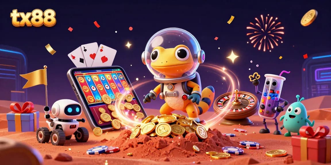 Spin colorful slots at tx88 with a Martian gecko in a golden casino adventure!