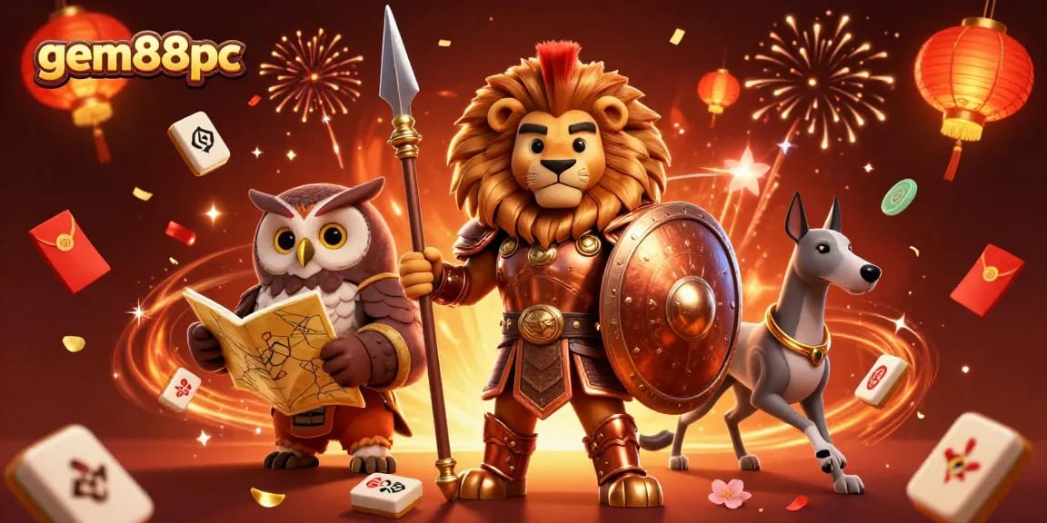 Bet big with gem88pc in this vibrant online casino scene featuring lucky symbols, celebrating heroes, and exciting elements.