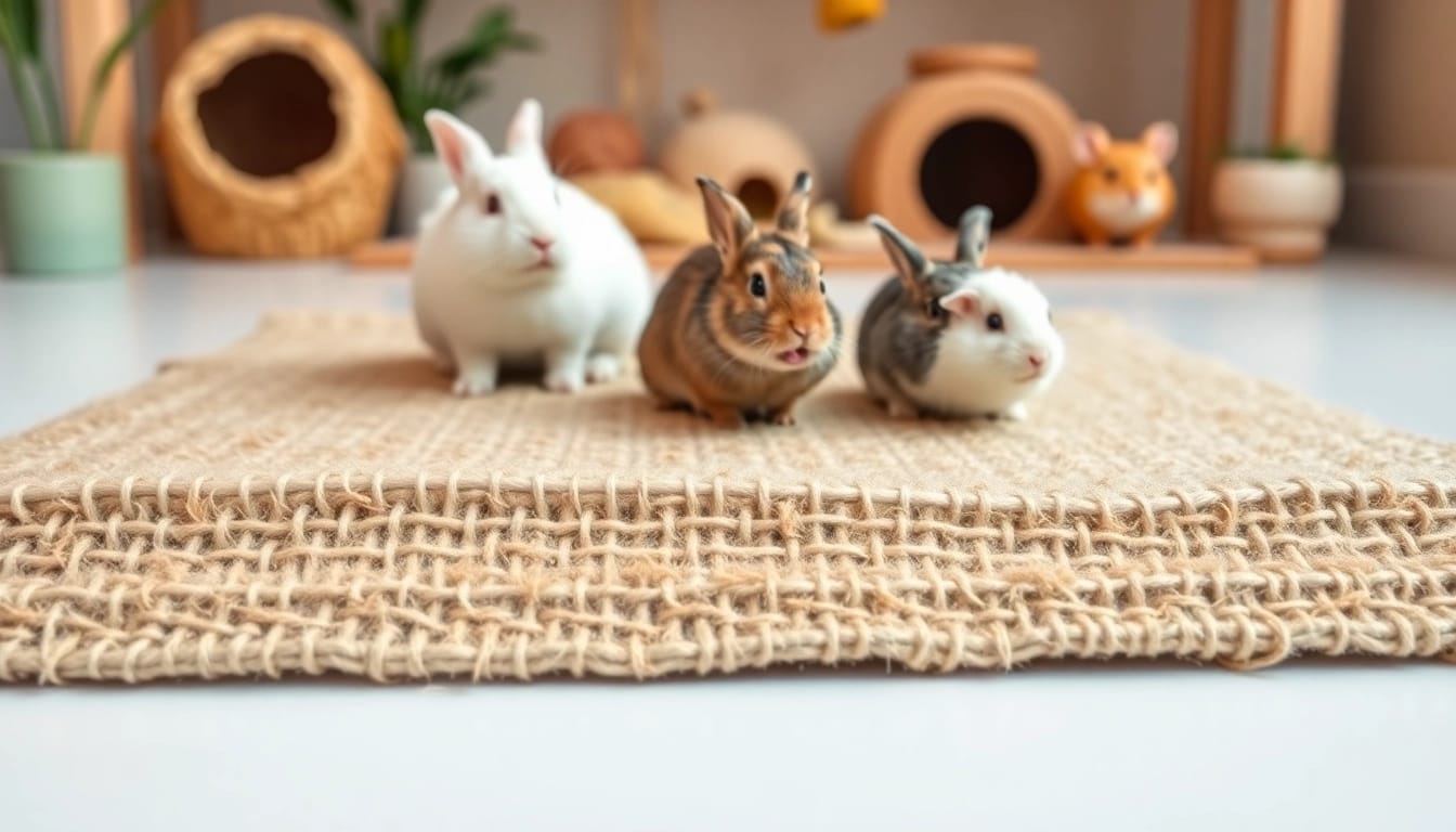 Hanfmatte in use by small pets, highlighting its natural texture and comfort.