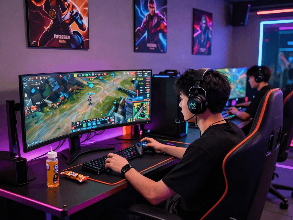 Competitive gamer intensely focused on rokok88 game with RGB lights and snacks.
