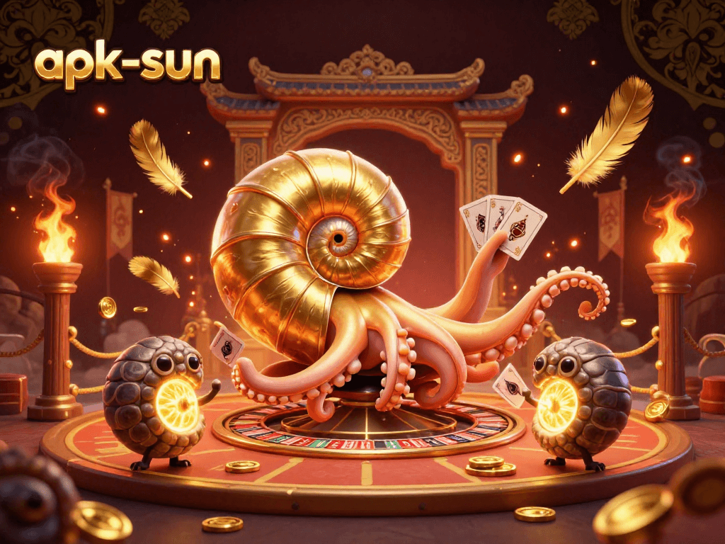 Engage with apk-sun's exciting casino scene showcasing dynamic golden elements and a 3D nautilus roulette wheel.