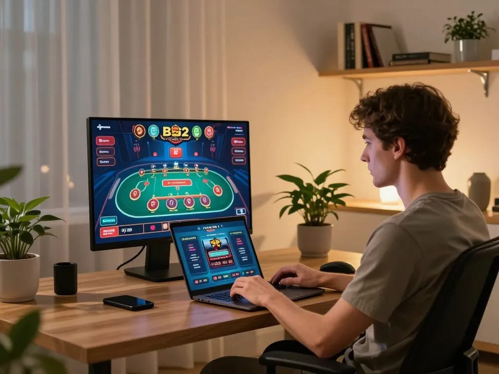 Người chơi tương tác với ứng dụng casino CLB B52 trên laptop trong một không gian nhà phong cách, tập trung vào việc thắng cược