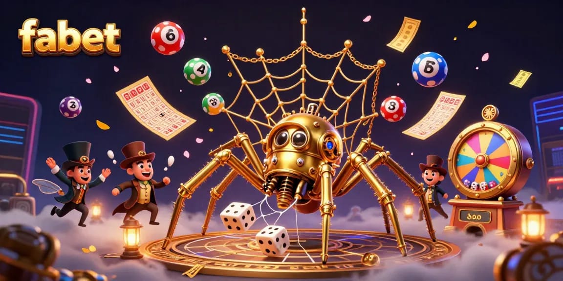 Engage with fabet's vibrant gaming environment, featuring a whimsical golden spider and colorful lottery elements.