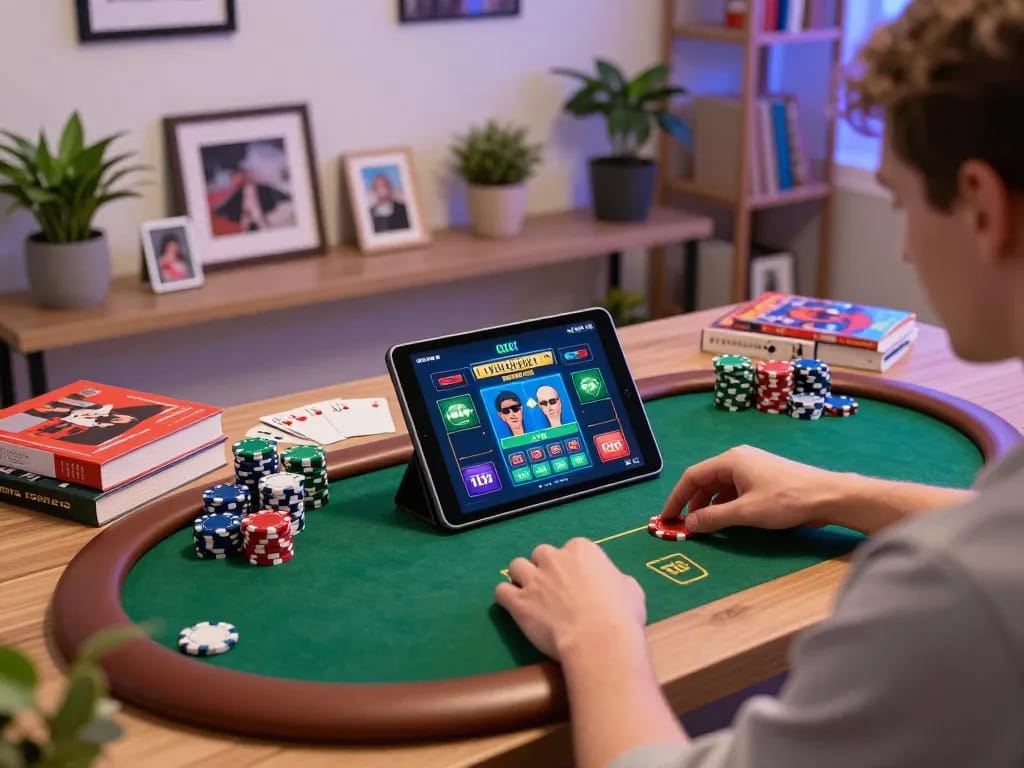 Engaging in strategic online poker on a tablet with fabet's interactive gaming interface in a cozy home setting