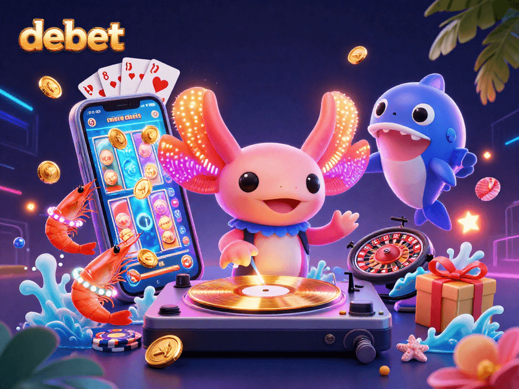 Experience debet's vibrant casino scene featuring an axolotl DJ and animated sea creatures.