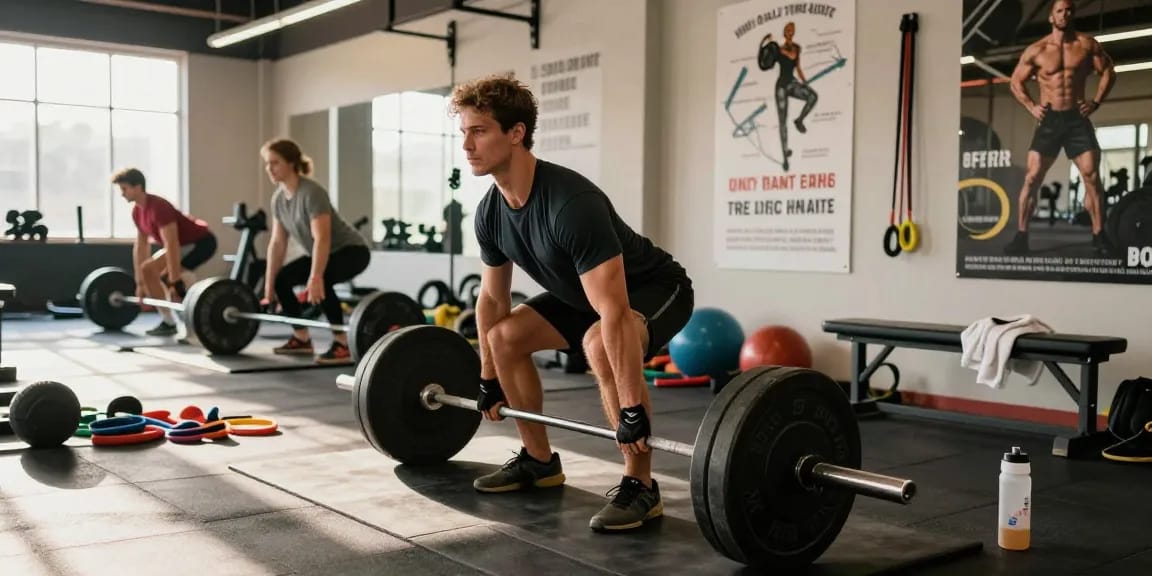 Anabolika Shop - Bodybuilder executing deadlifts in a vibrant gym, showcasing dedication and intense training atmosphere.
