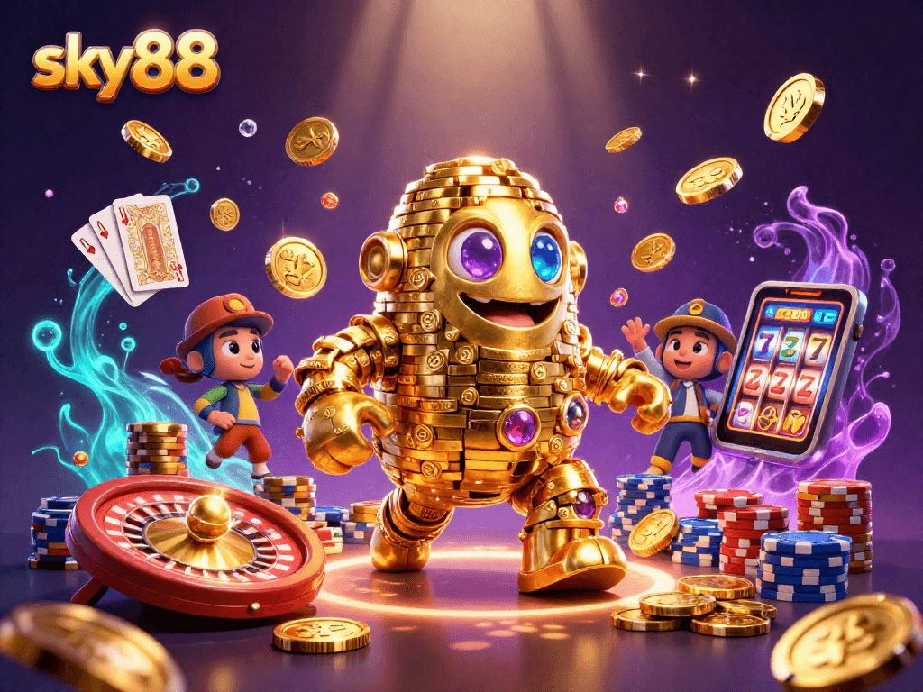 Experience sky88 with animated casino elements like a golem, coins, and a spinning roulette wheel.