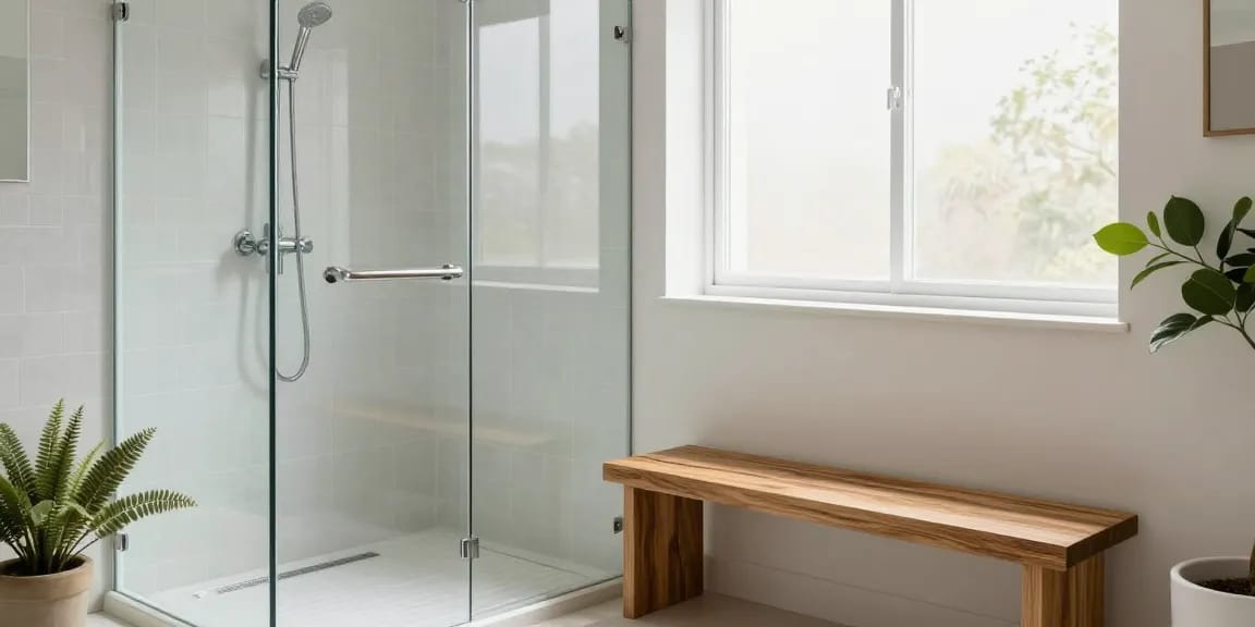 Stijlvolle glazen douchewand zonder stang in een moderne badkamer met elegante accessoires.