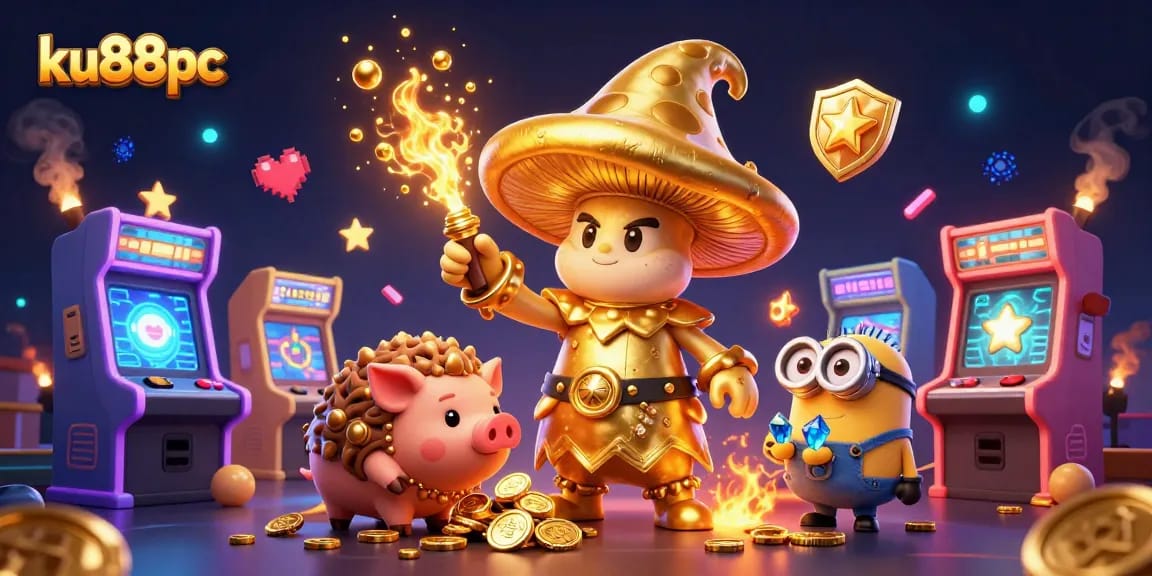 Join the magical adventure at ku88pc with a golden wizard, treasure finding pig, and game elements.