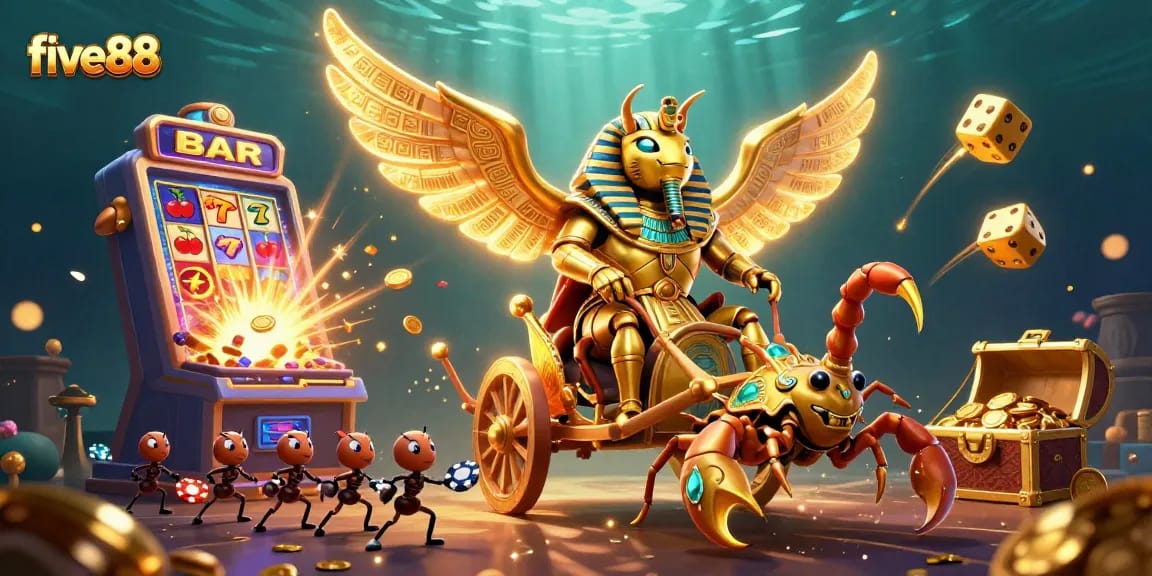 Engage with five88's thrilling chariot race led by an armored scarab and scorpions, amidst exploding slot machine jackpots.