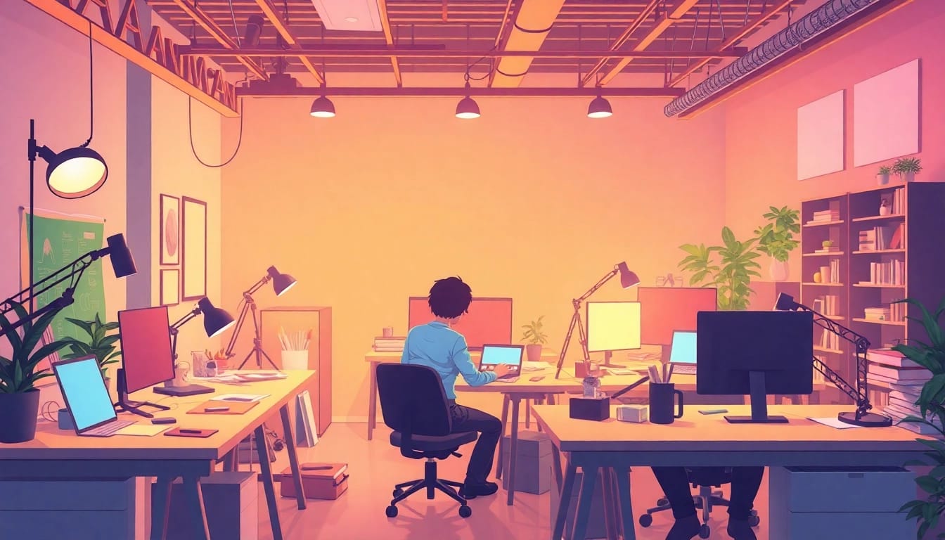 Konzentrierte Künstler arbeiten in einem Animationsstudio mit modernster Technik und kreativen Projekten.