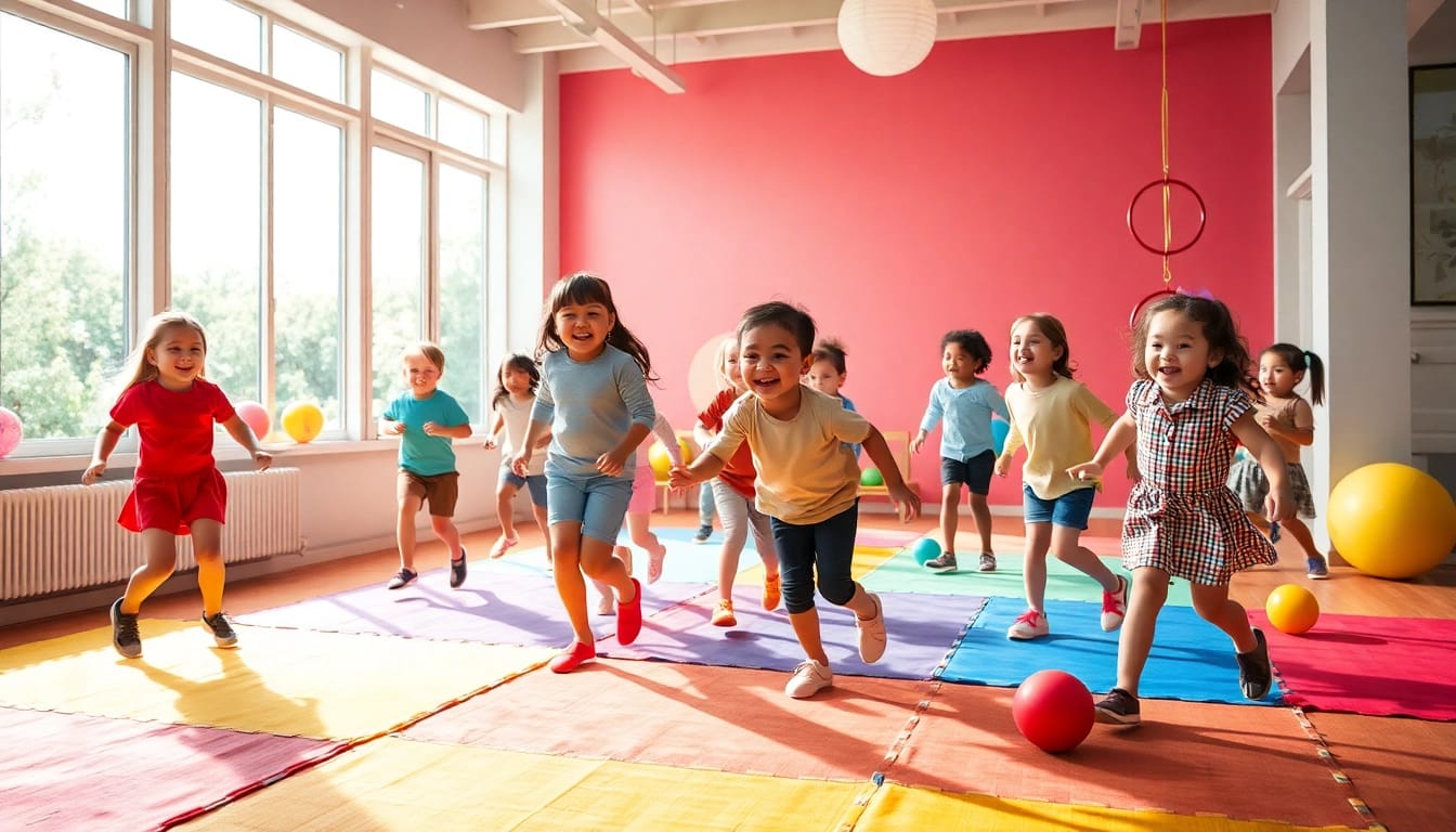 Kinder spielen froehliche Bewegungsspiele drinnen, mehr dazu lesen fuer kreative Inspiration.