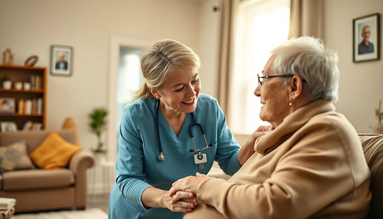 Pflegedienst: Caring professional assisting an elderly client in a warm home environment