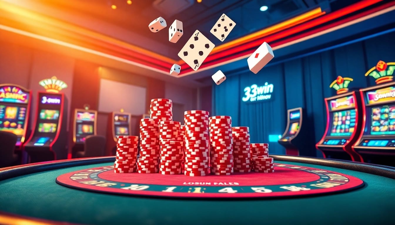 Gambling excitement at 33win with vibrant poker chips, slot machines, and betting interface in a luxurious casino setting.