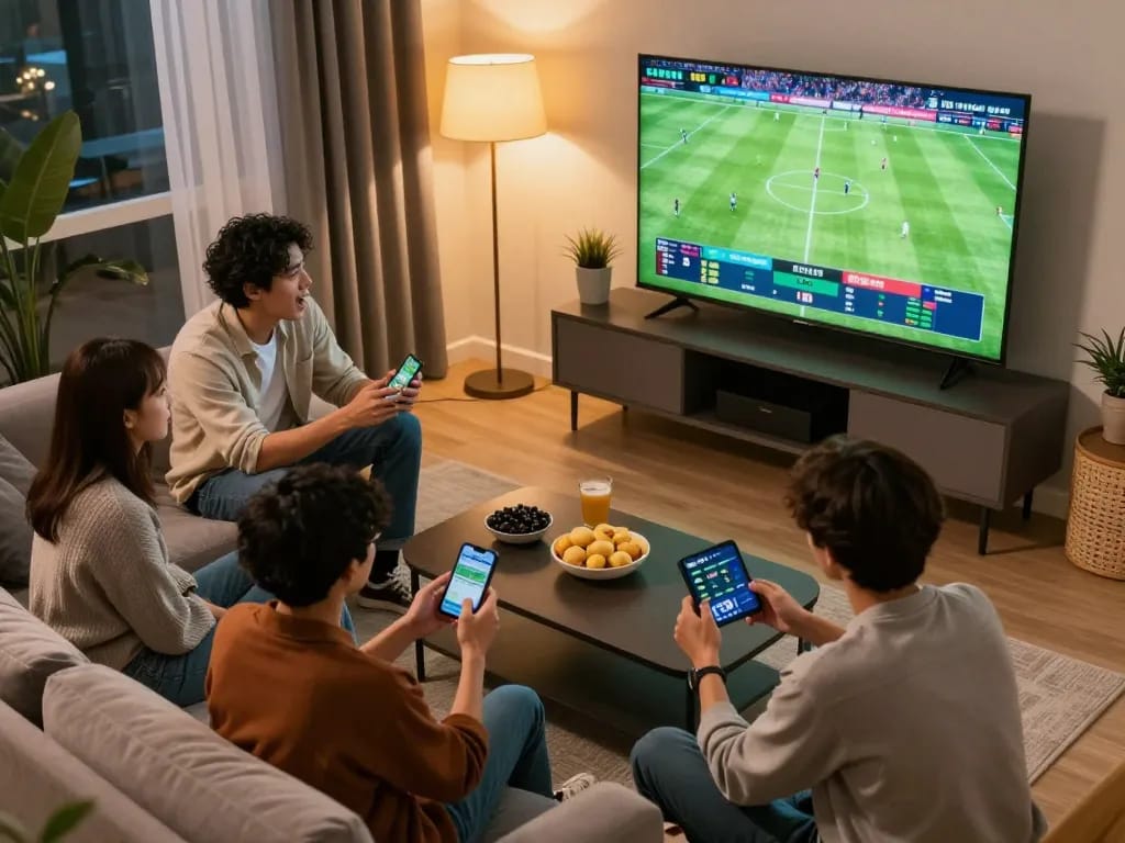 Engaged friends placing bets using their phones while enjoying soccer game; soi kèo bóng đá in action.