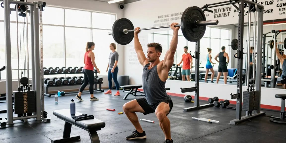 Kraftsportler hebt Gewichte in einem lebhaften Fitnessstudio und hebt das Engagement von Steroidshop für Muskelwachstum hervor.