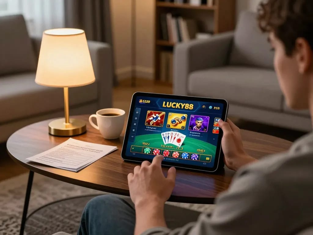LUCKY88 online gaming setup showing player engaging with casino games on tablet in cozy living room.