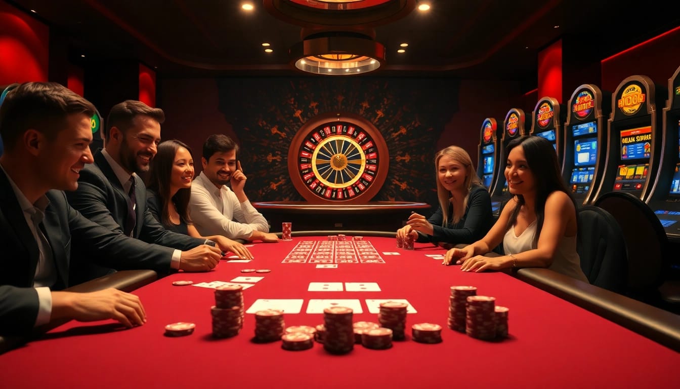 Người chơi tham gia một ván poker đầy kịch tính tại bàn casino sang trọng của LUCK8, cho thấy sự phấn khích và mức cược cao.