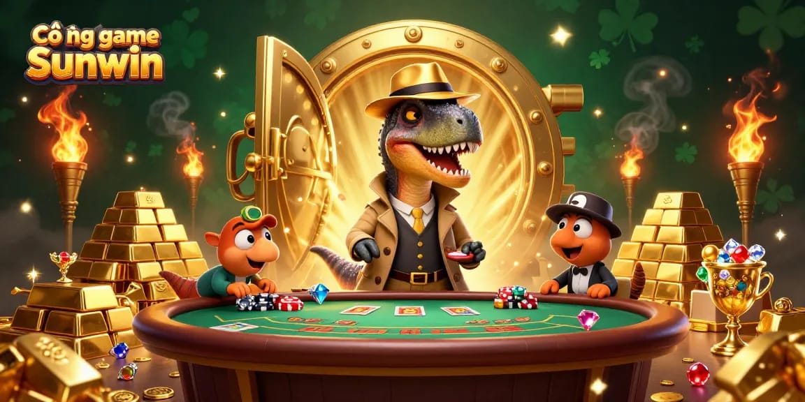 Experience the thrill at Cổng game Sunwin with a cartoon velociraptor at a blackjack table.