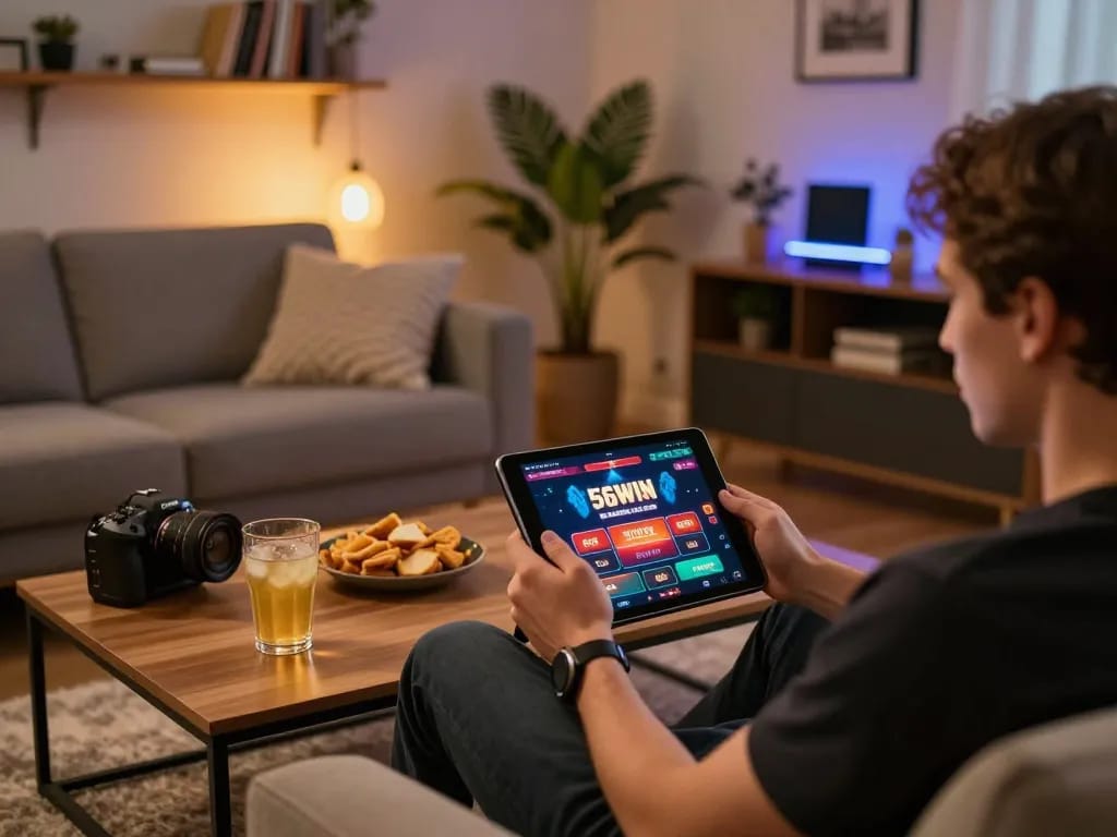 Player enjoying the 56WIN casino app on tablet in a cozy home setting, emphasizing interactive gaming.