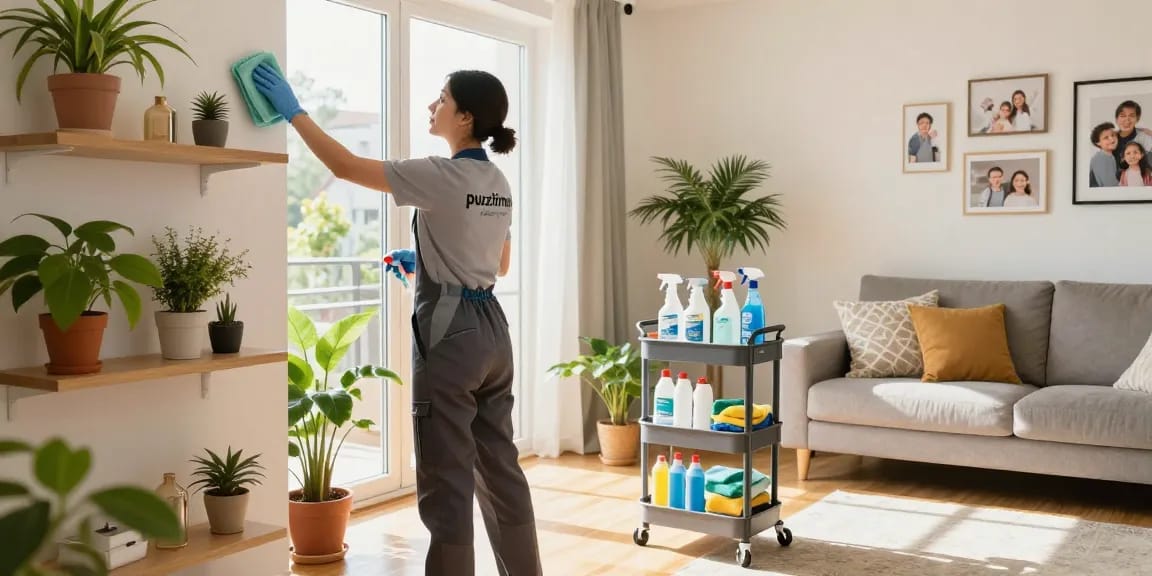 Professional cleaner showcasing expertise of putzfirma Bern in a bright living room.