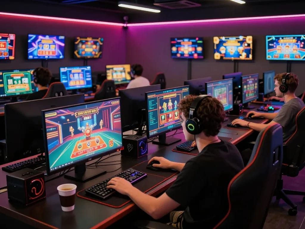 KJC user engaging in professional online gaming session with multiple screens.