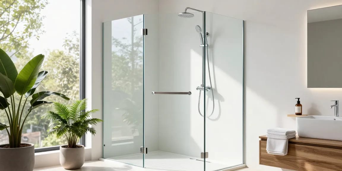 Frameless douchewand zonder stang die moderne badkamerinrichting met natuurlijk licht versterkt.