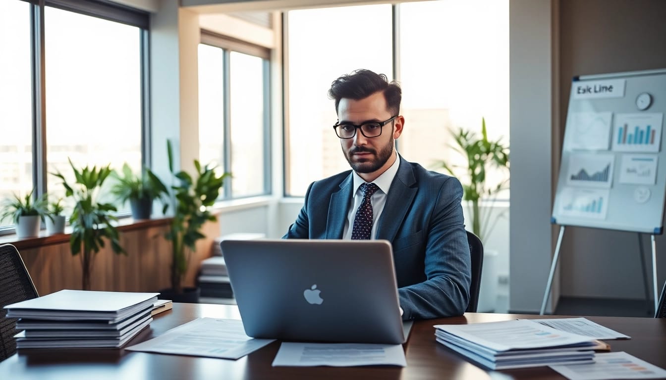 Professioneller Vertriebs-Headhunter analysiert Lebensläufe in modernem Büro.