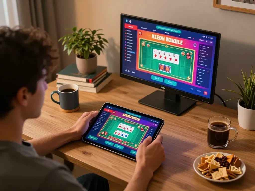 Engaged user enjoying diligent gaming experience at nhà cái bl555 through a tablet in a cozy home setting.