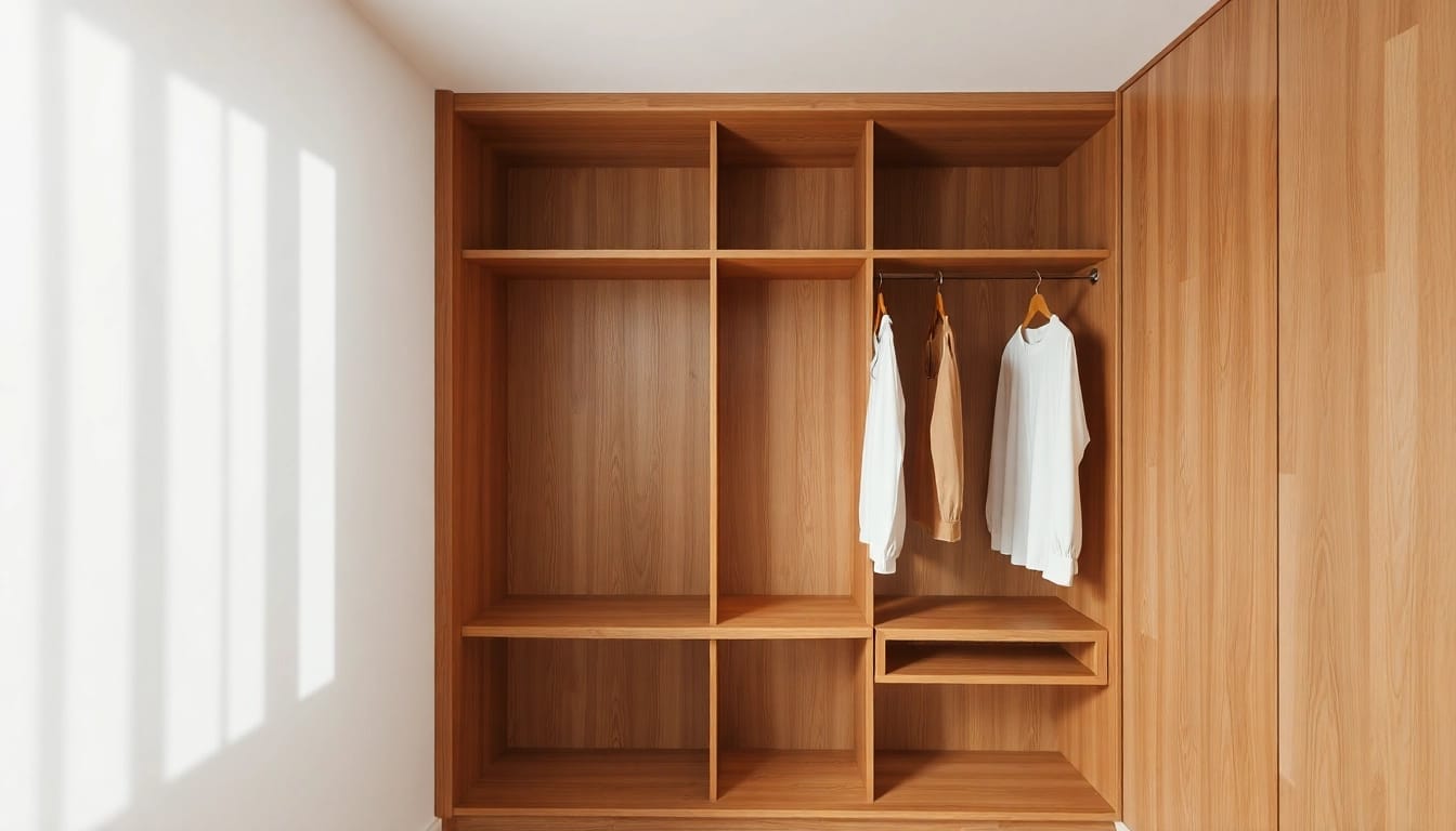 Exquisite Holz Kleiderbügel, stilvoll in einem modernen Kleiderschrank präsentiert, die Eleganz und Robustheit betonen.