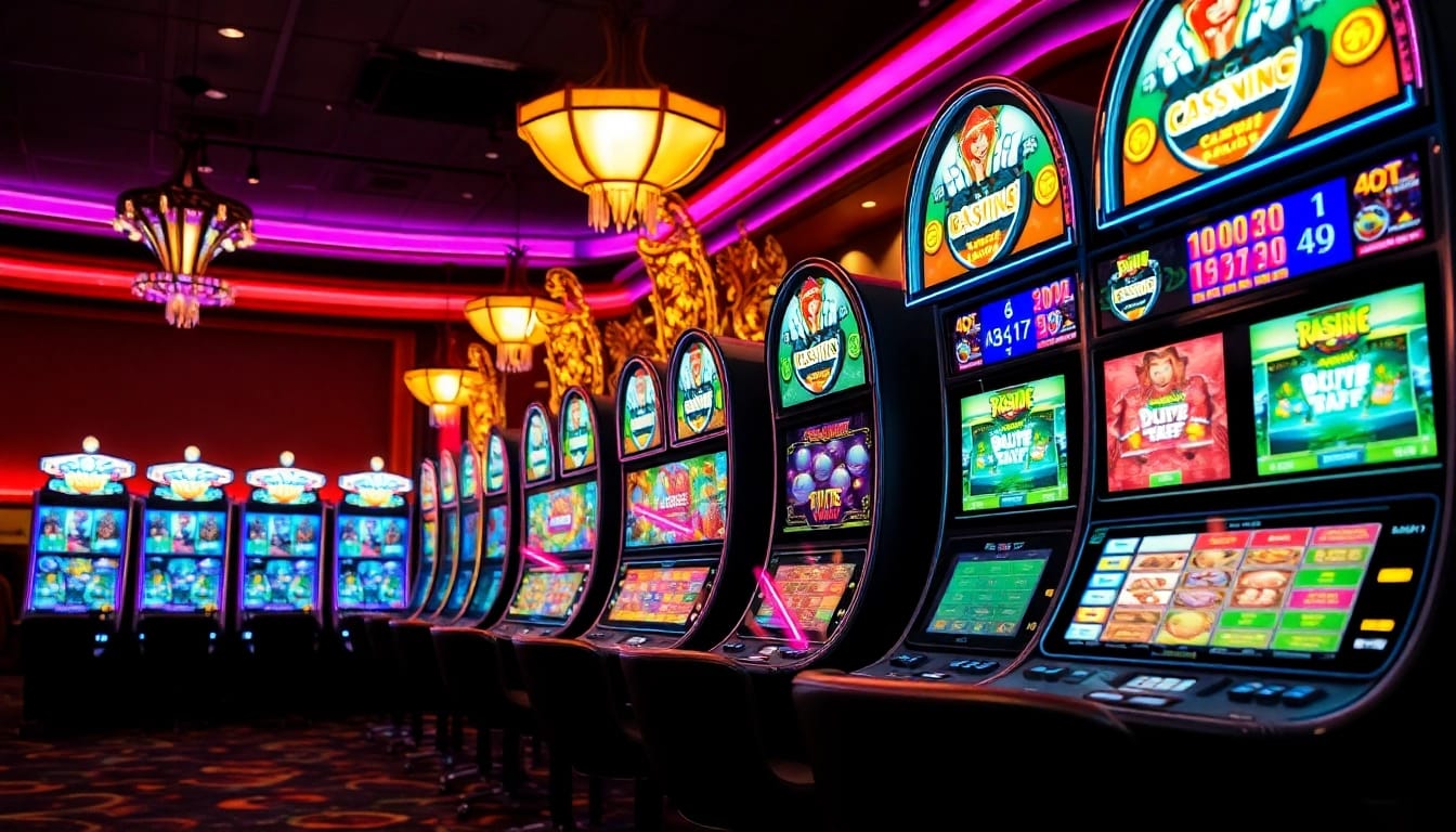 Aktivieren Sie Slotpark Bonus Codes mit bunten Spielautomaten und fröhlicher Casino-Atmosphäre im Hintergrund.