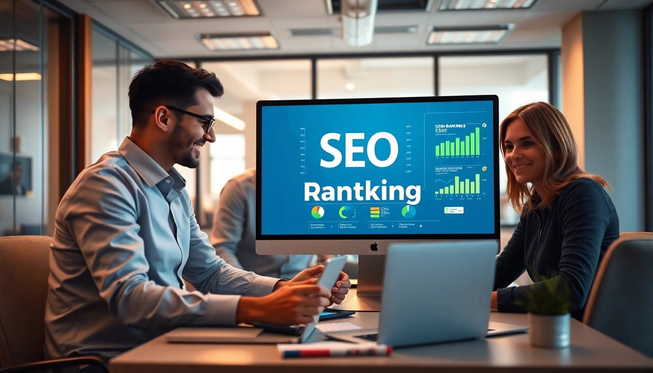 Visualisieren Sie das SEO-Ranking mit einem agilen Team, das in einer modernen Büroumgebung an Methoden zur Verbesserung der Suchmaschinenplatzierung arbeitet.